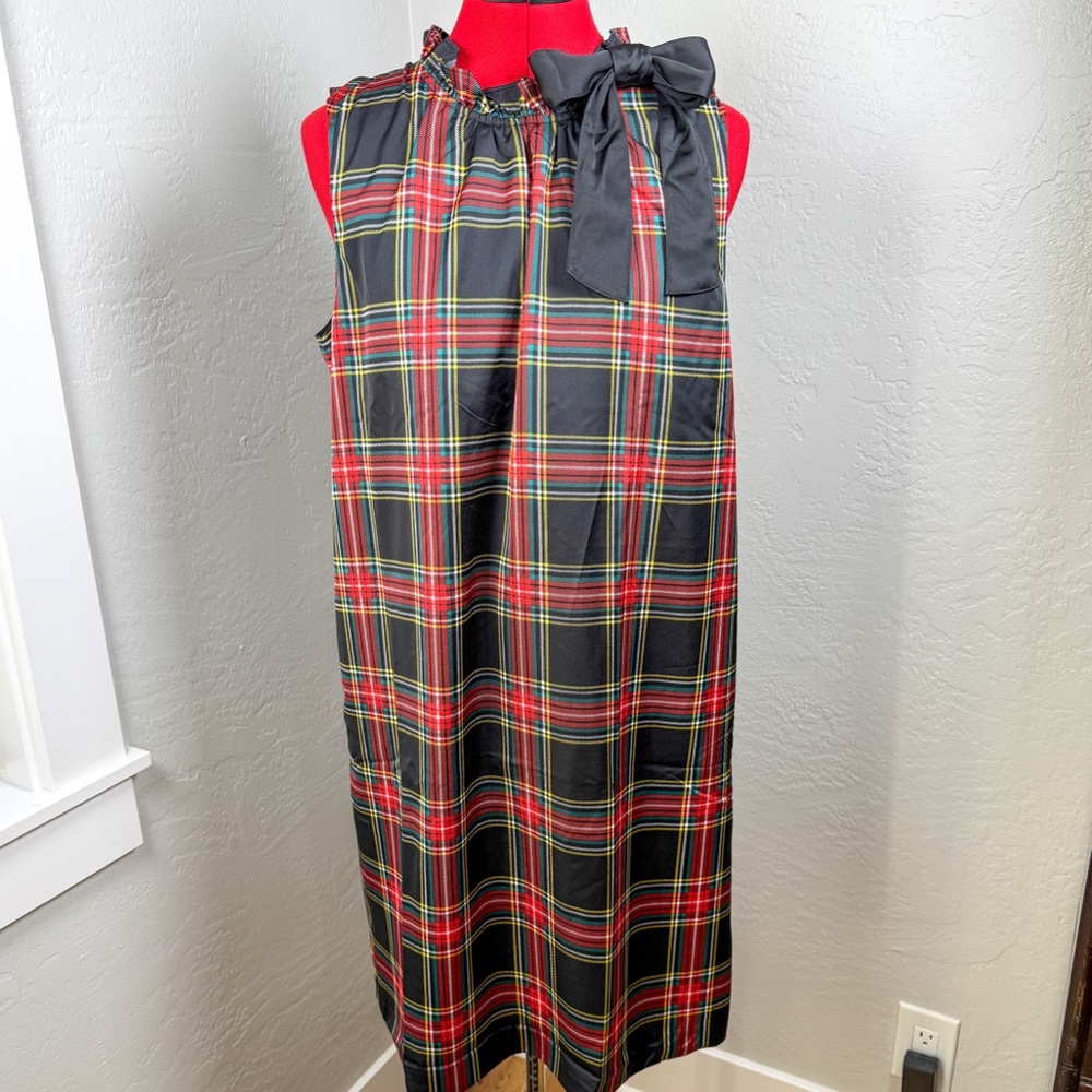 NWT J.Crew Black Tartan Plaid Bow Neck Midi Dress Size 12